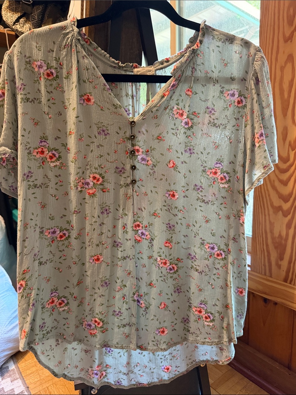 Floral Sage Green Short-Sleeve Peasant Top